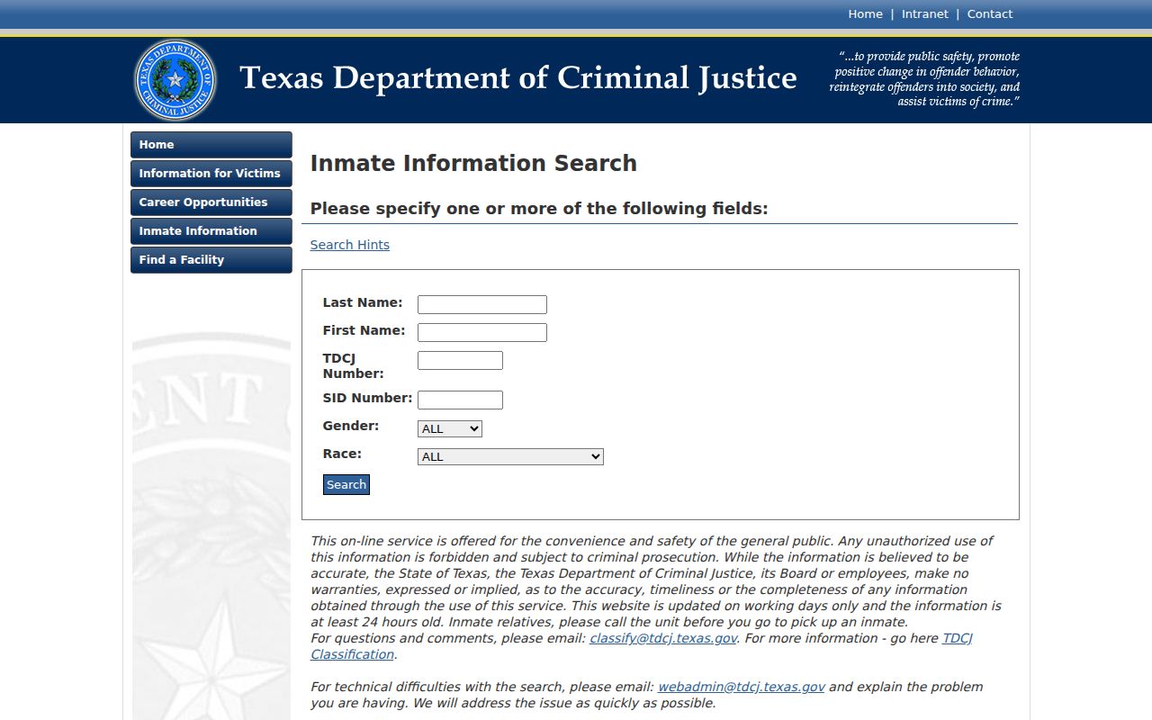 Childress County criminal history and TDCJ prisoner search fields