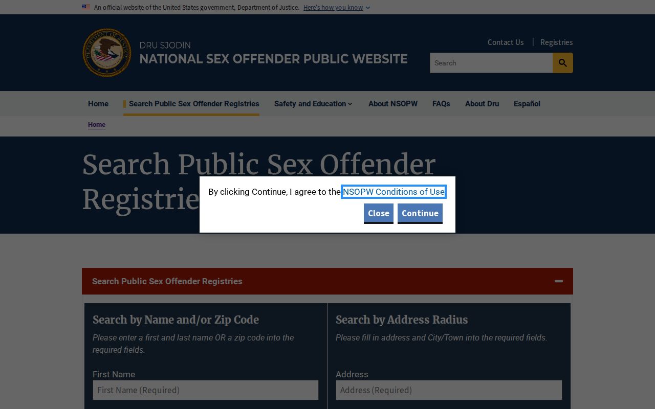 National search interface used with a Childress County sex offender check